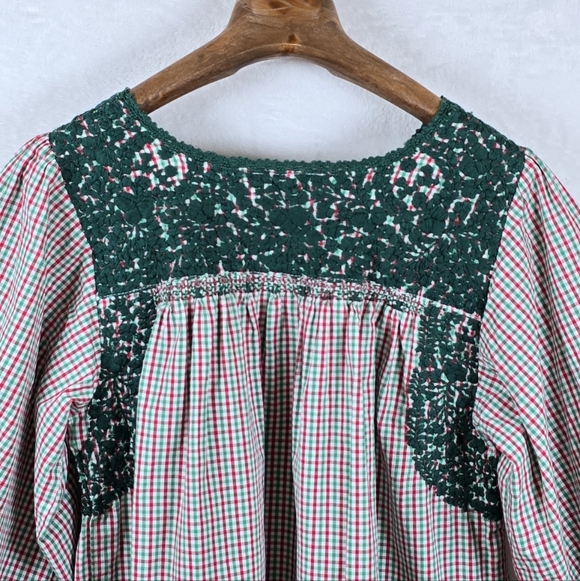 Mi Golondrina Peasant Blouse Crochet Yoke Gingham Artisan Puff Sleeve Top Sz.M - Picture 7 of 11